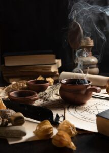 Il tavolo di una strega, con una ciotola da cui fuoriesce dell'incenso, erbe sparse, qualche contenitore e una tavola di legno recante il simbolo di una stella.