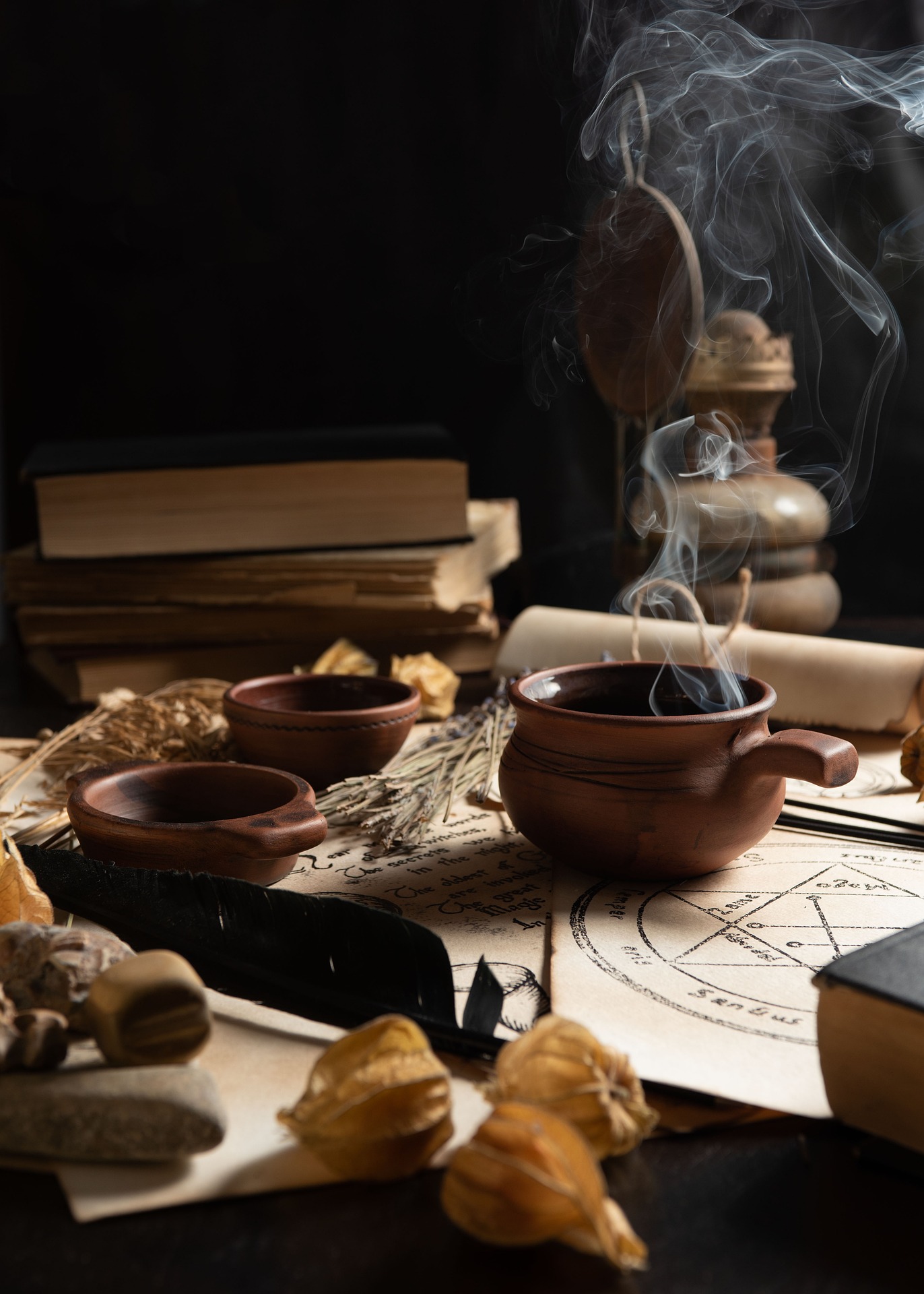 Il tavolo di una strega, con una ciotola da cui fuoriesce dell'incenso, erbe sparse, qualche contenitore e una tavola di legno recante il simbolo di una stella.